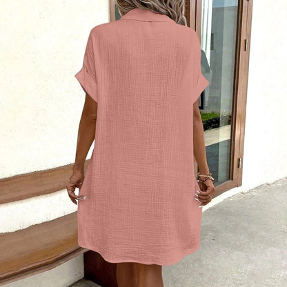 Women Casual Blouse Dress Single Breasted Simple V Neck Button Linen Dress With Pocket Loose Large Size Shirt Dress - Torrster