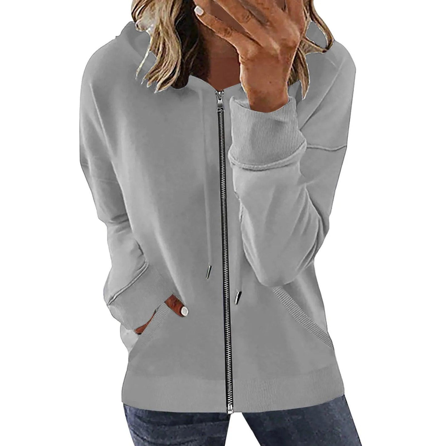 Pocket Long Sleeve Hooded Threaded Sweater Ladies Zipper Top Hooded Zip up Sweatshirt Women Hoodie Casual Oversized Hoodies - Torrster