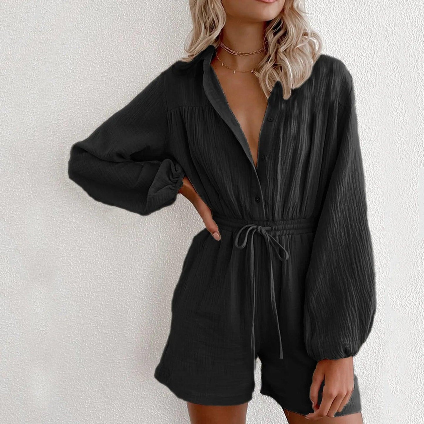 Women Fashion V-Neck Button Down Shorts Romper Summer Black White Cotton Linen Drawstring Playsuits Casual Lace Up Jumpsuits - Torrster