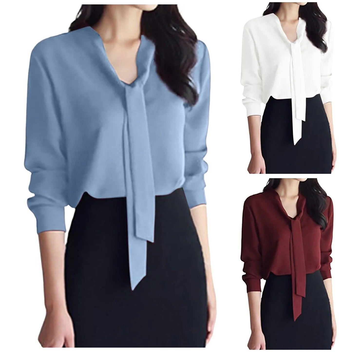 Female Elegant Shirt Women's Solid Color Long Sleeve Business Bow Ribbon Blouse Women Slimming Senior Sense Tunic Tops for Work - Torrster