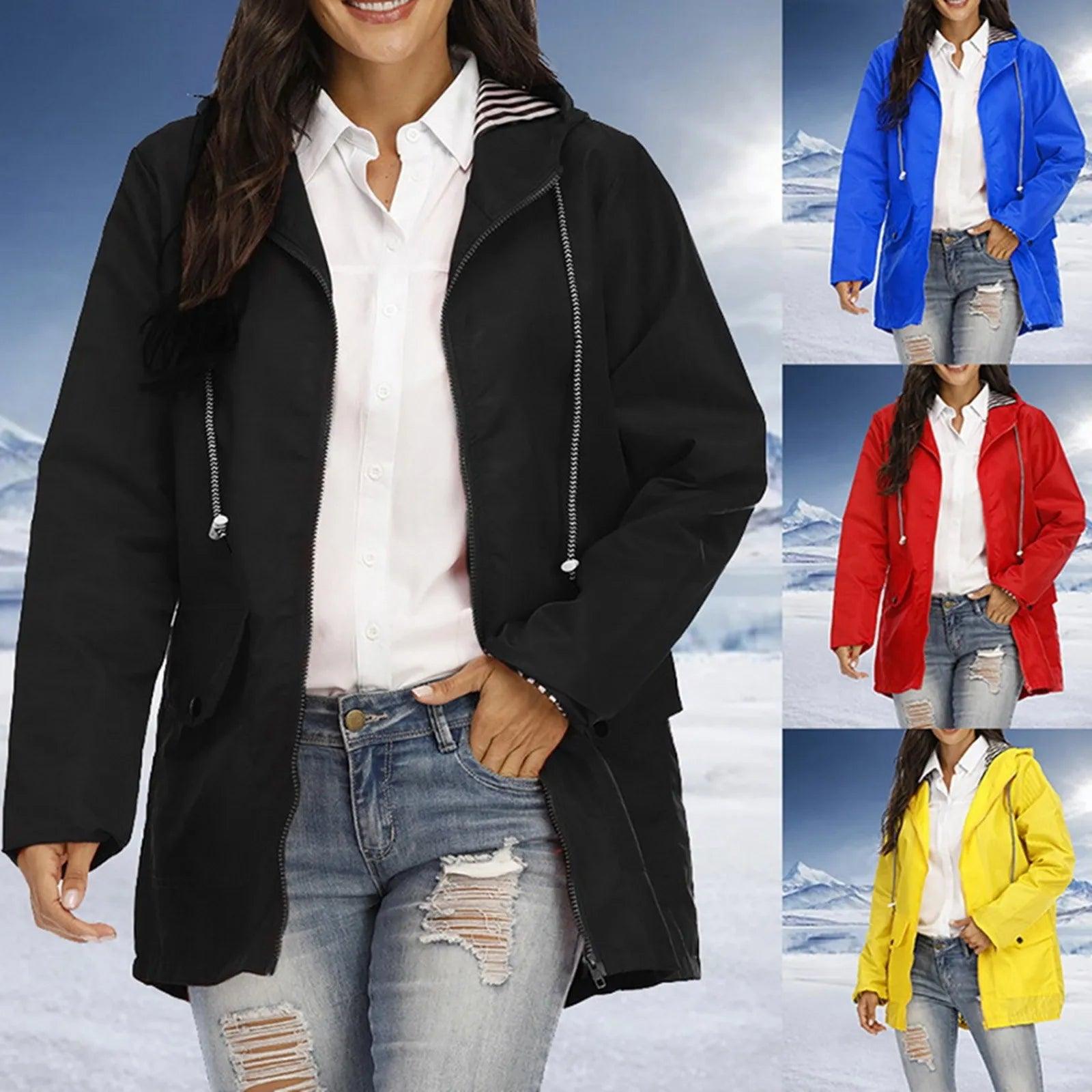 Women Solid Rain Jacket Outdoor Plus Size Hooded Windproof Loose Coat Women's Athletic Jackets - Torrster