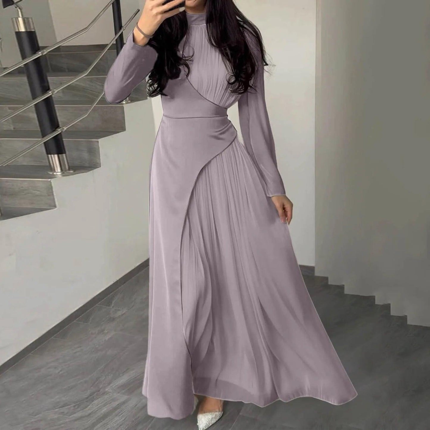 Women'sElegant Patchwork Long Dress Spring Half High Neck Long Sleeve A-Line Maxi Dress Female Slim Waist Party Club Dresses - Torrster