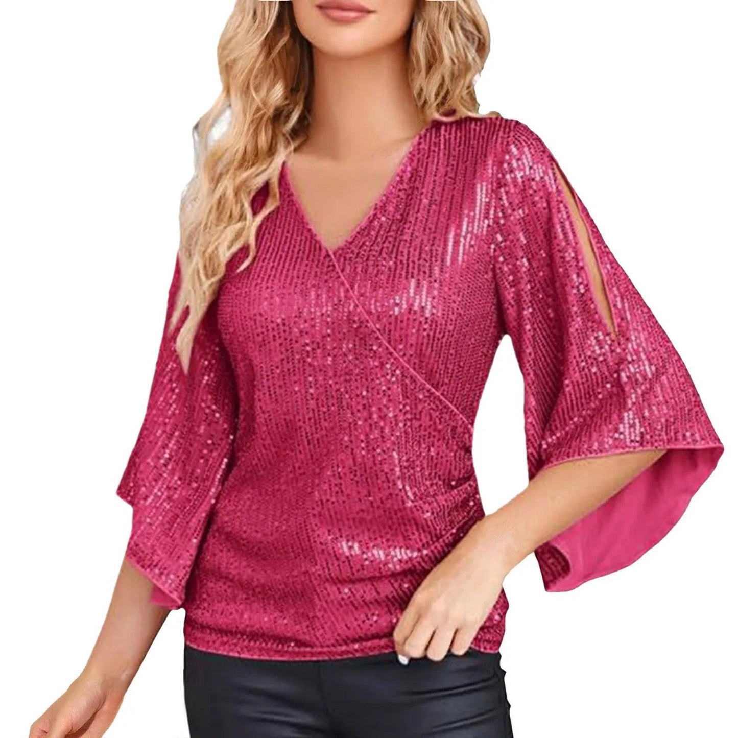 Women Blouse Sequin Tops 3/4 Sleeve Glitter Sparkly Party Blouse V Neck Dressy Tops For Evening Party Thin Chic Blusas Para Muje - Torrster