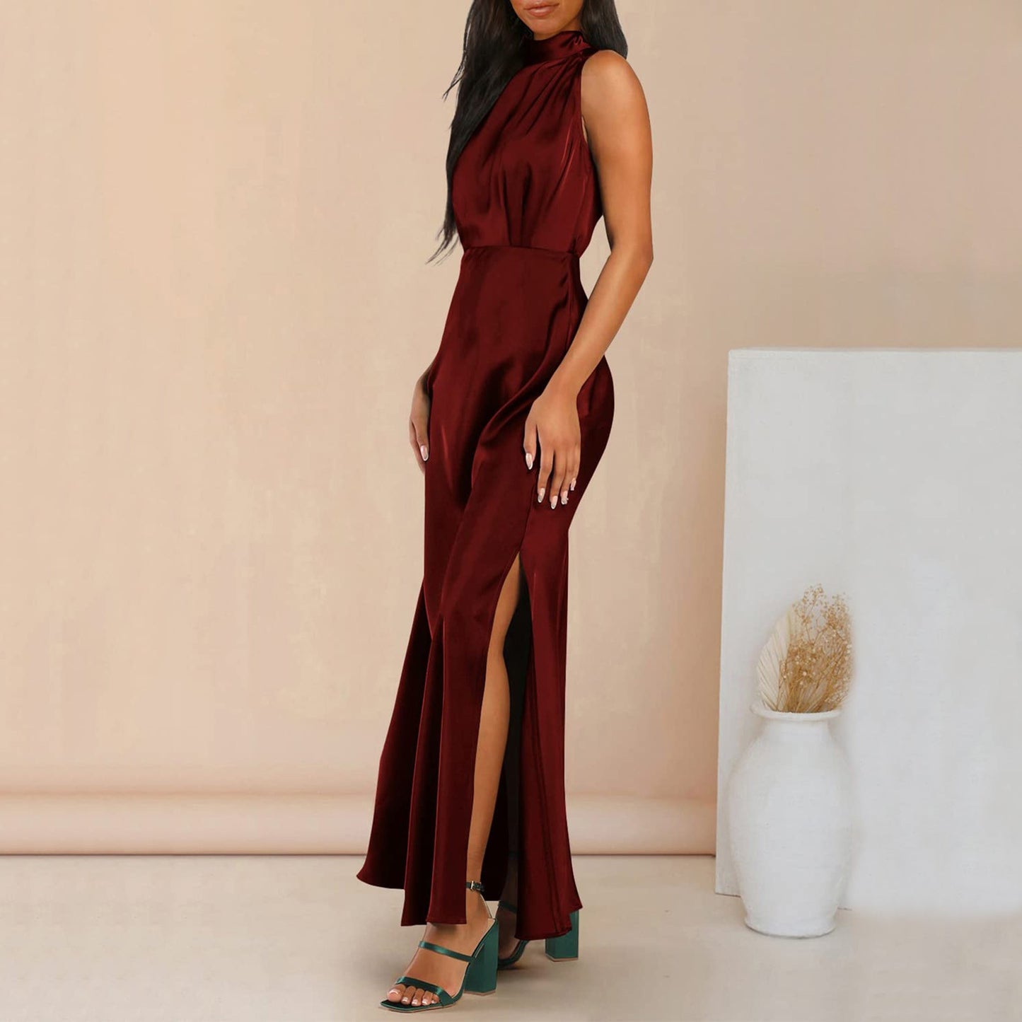 Summer Elegant Women Summer Long Formal Satin Dresses Mock Neck Sleeveless Side Slit Flowy Maxi Tank Dresses Woman Party Night