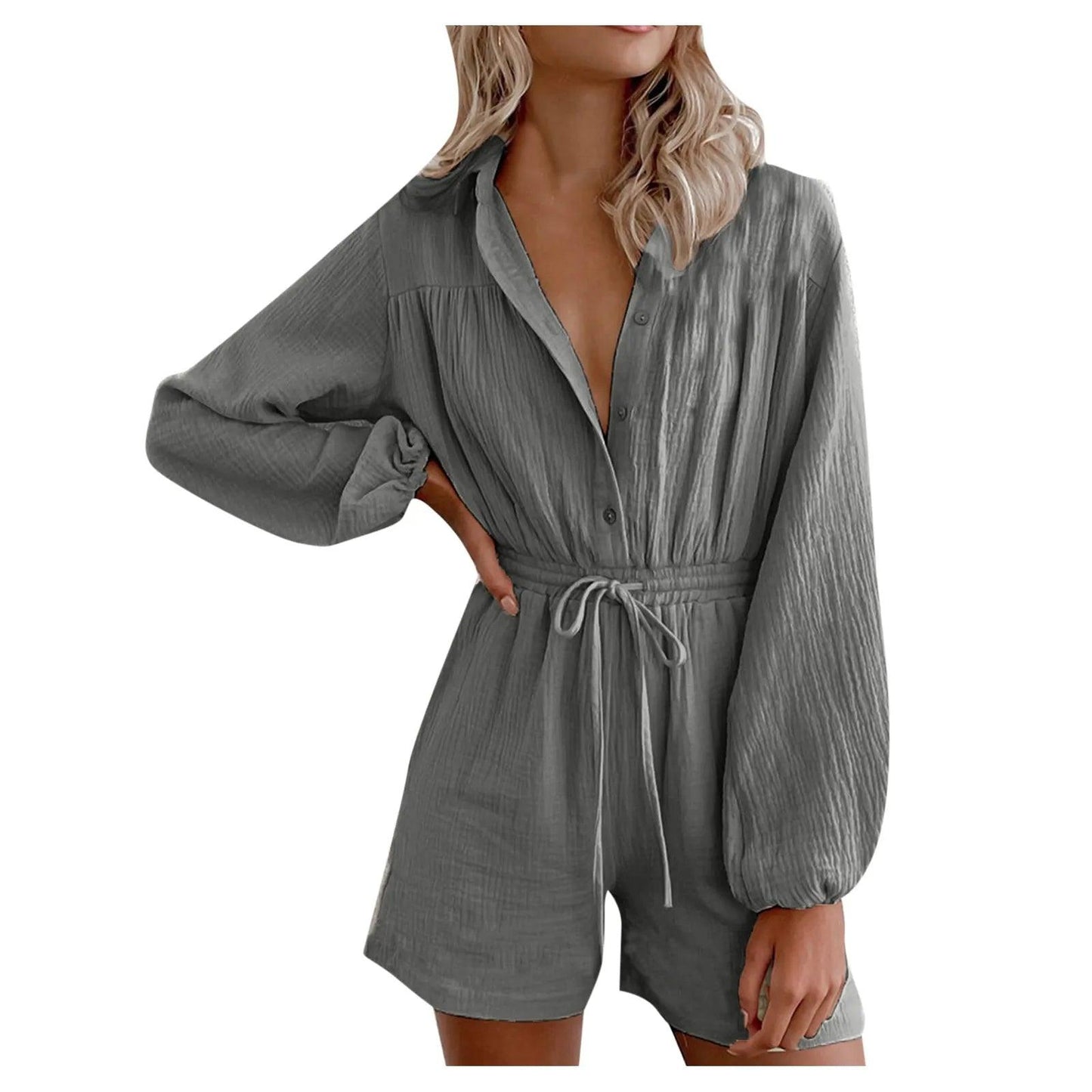 Women Fashion V-Neck Button Down Shorts Romper Summer Black White Cotton Linen Drawstring Playsuits Casual Lace Up Jumpsuits - Torrster