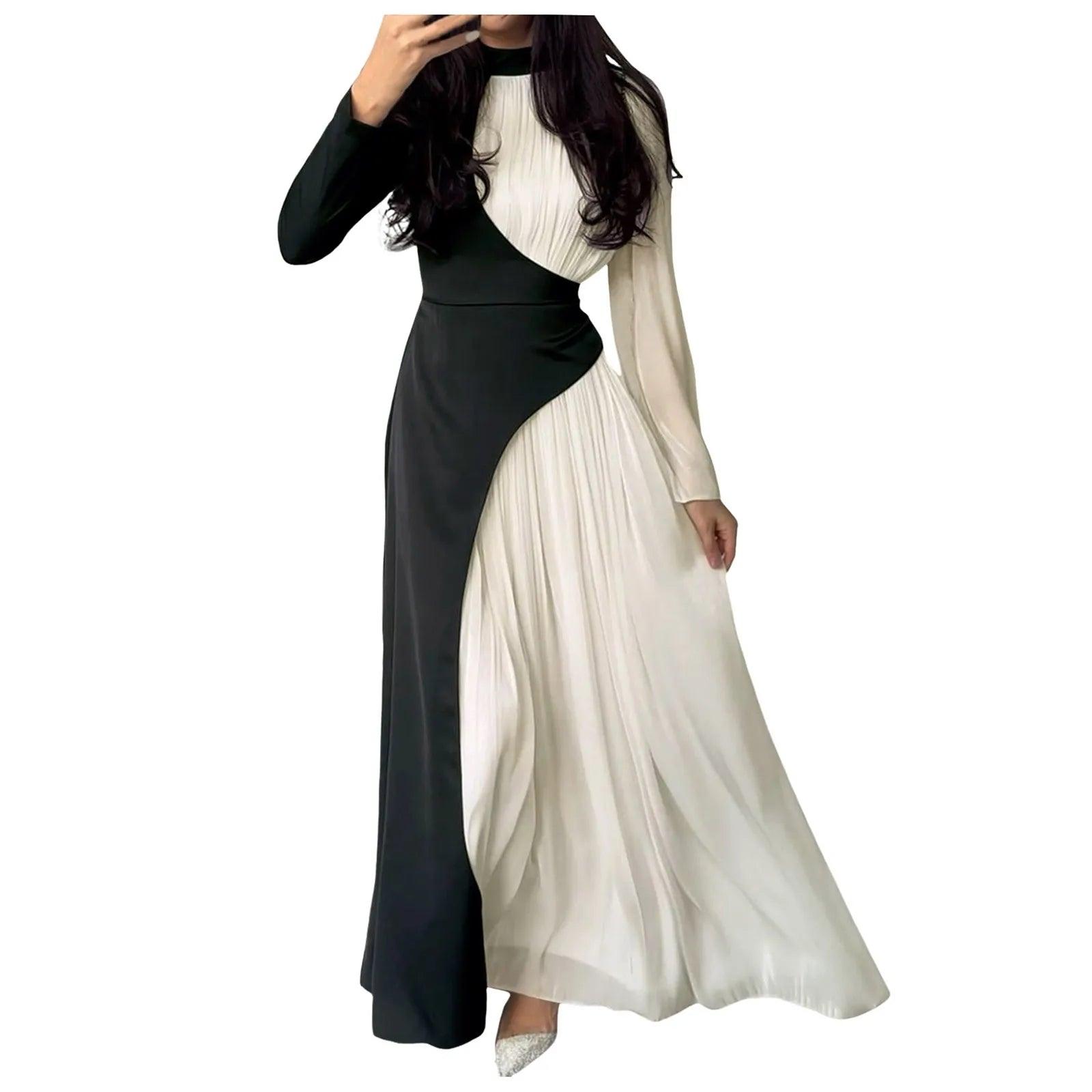 Women'sElegant Patchwork Long Dress Spring Half High Neck Long Sleeve A-Line Maxi Dress Female Slim Waist Party Club Dresses - Torrster