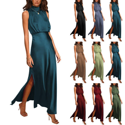 Summer Elegant Women Summer Long Formal Satin Dresses Mock Neck Sleeveless Side Slit Flowy Maxi Tank Dresses Woman Party Night - Torrster