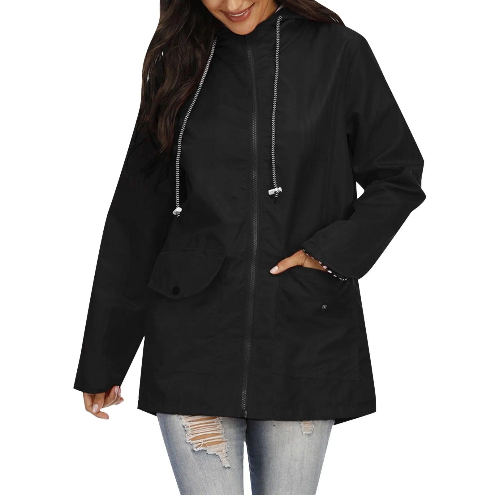 Women Solid Rain Jacket Outdoor Plus Size Hooded Windproof Loose Coat Women's Athletic Jackets - Torrster