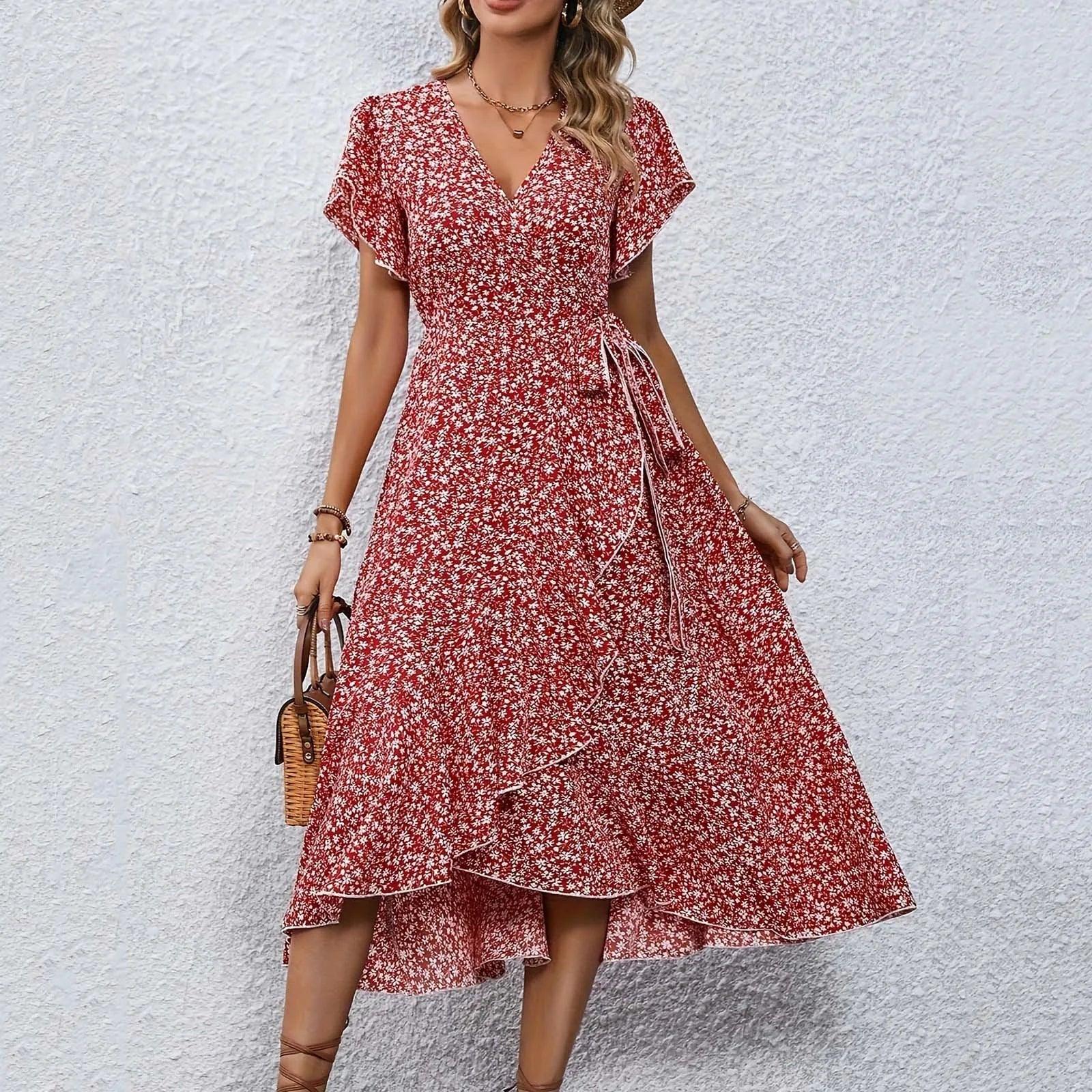 Women's Flowy Split Midi Floral Wrap Dress Summer Irregular High Waist Boho Long Dress A-Line V-Neck Holiday Beach Sundress - Torrster