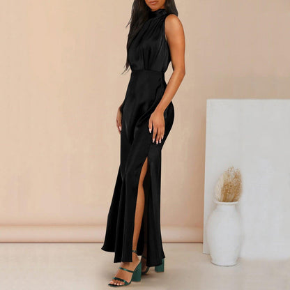 Summer Elegant Women Summer Long Formal Satin Dresses Mock Neck Sleeveless Side Slit Flowy Maxi Tank Dresses Woman Party Night - Torrster