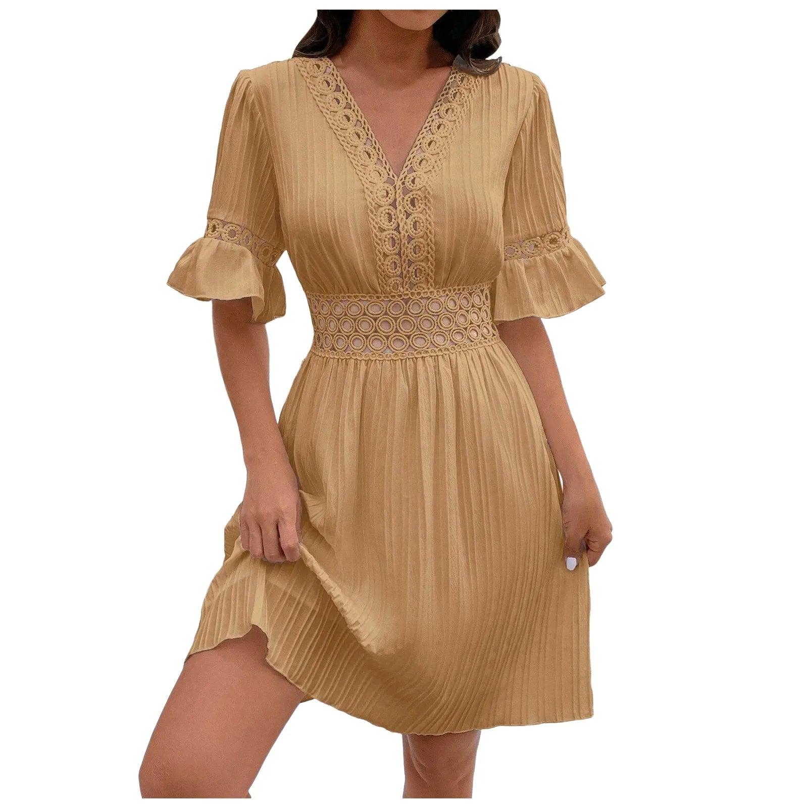 Summer V Neck Women's Dresses Ruffle Short Sleeves High Waist Dress Elegant Female Casual Solid Color Dresses Lace Vestidos - Torrster