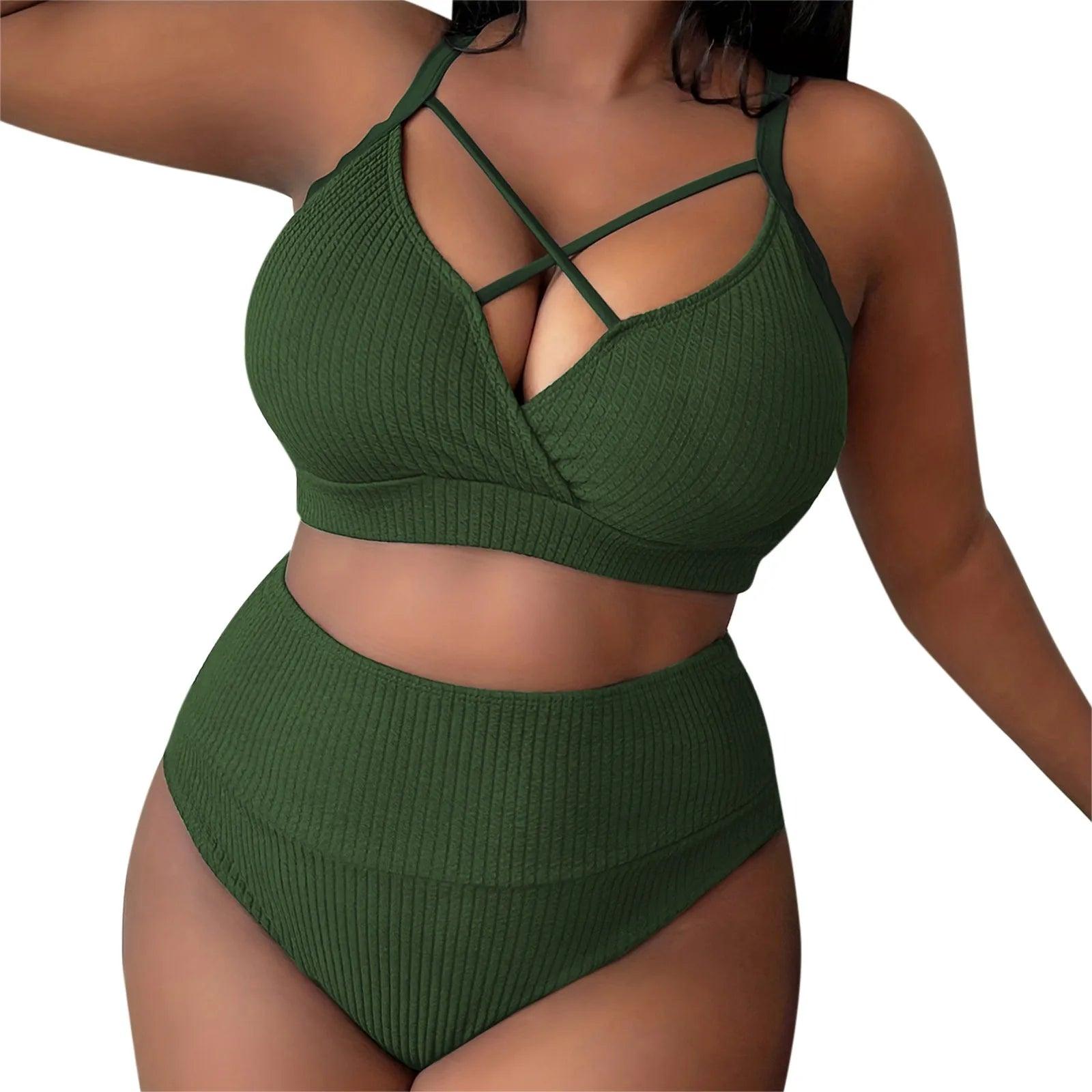 2024 Women'S Sexy Plus Size Bikini Set Solid Color High Waisted 2 Piece Women'S Swimsuit Bikini Woman 2024 Trend Push Up - Torrster