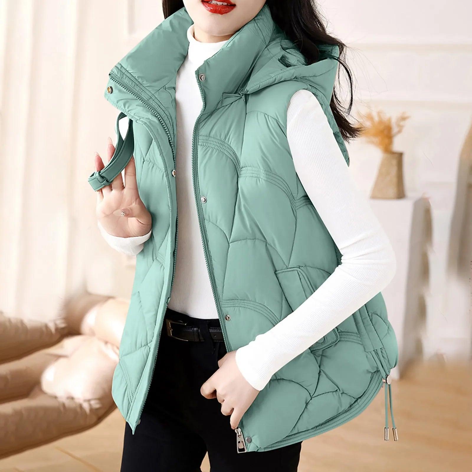 Women'S Hooded Zipper Cotton Vest Winter Sleeveless Warm Quilted Vests Korean Fashion Outdoor Windbreak Ski Coat Vestidos - Torrster